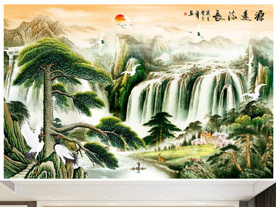 中式流水生財(cái)源遠(yuǎn)流長(zhǎng)山水畫電視背景墻